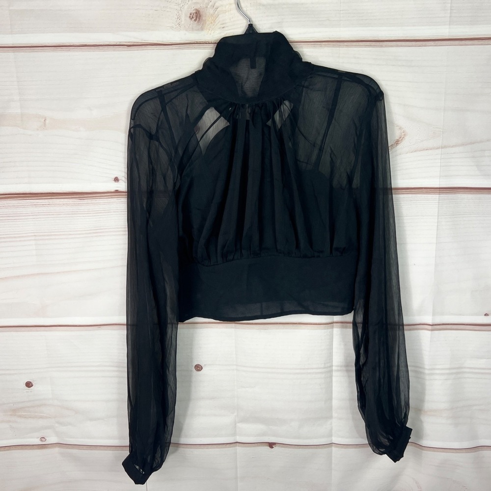 Cider Top Women Medium Black Chiffon Cop Blouse Sheer High Neck Open Back Lined‎